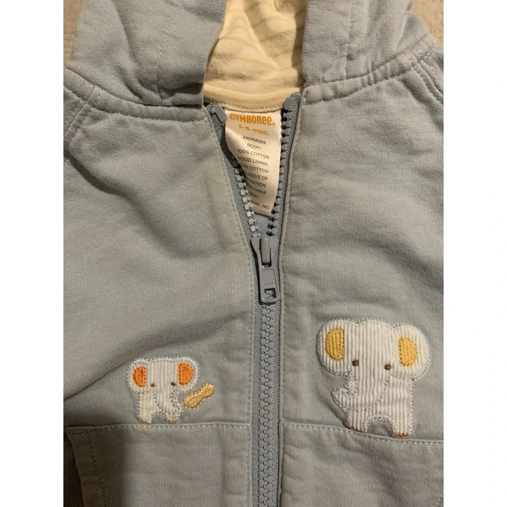 2006 Gymboree Creatures Great & Small Blue Elephant Baby Hoodie 3-6 Month Zip Up